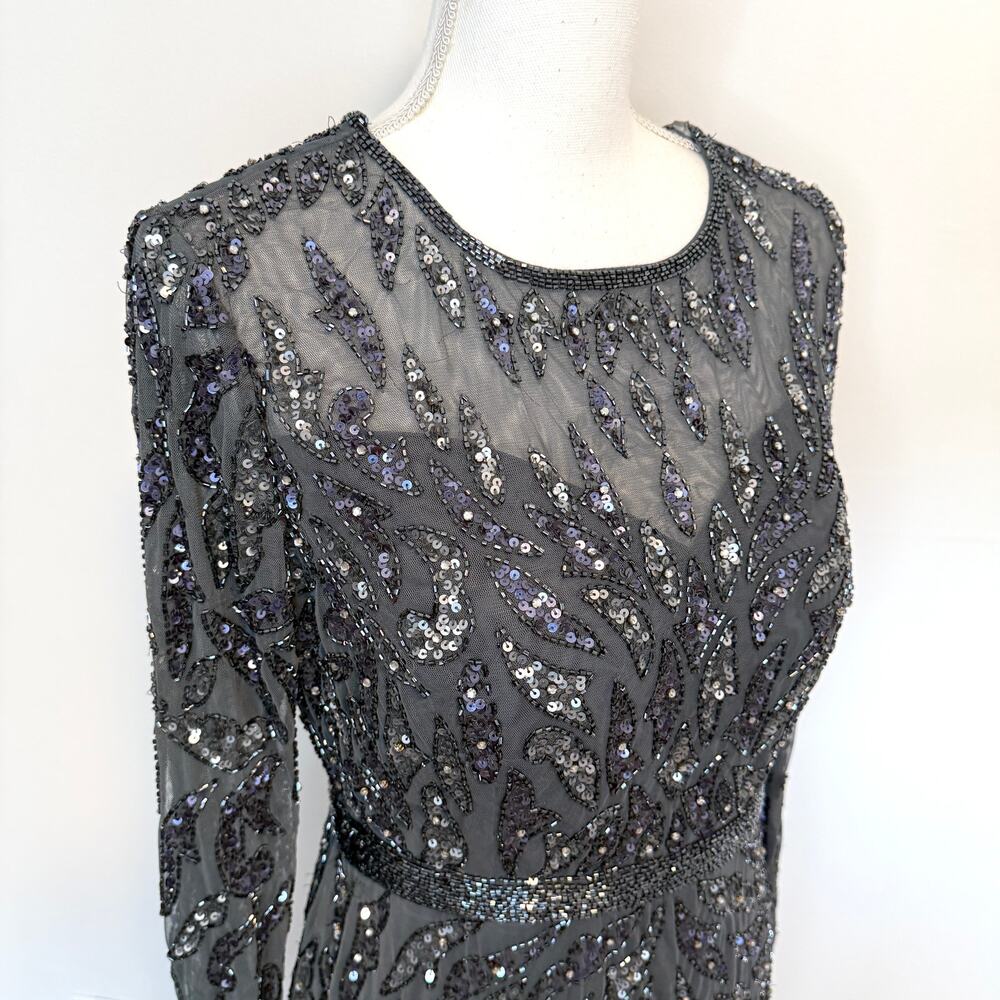 Mac Duggal 5124 Beaded Long Sleeve Evening Gown In Charcoal Size 8 New - Picture 8 of 16